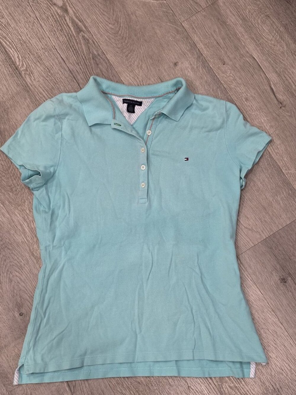 Tommy Hilfiger Womens Light Aqua Polo Shirt Size L Short Sleeves Collar Cotton